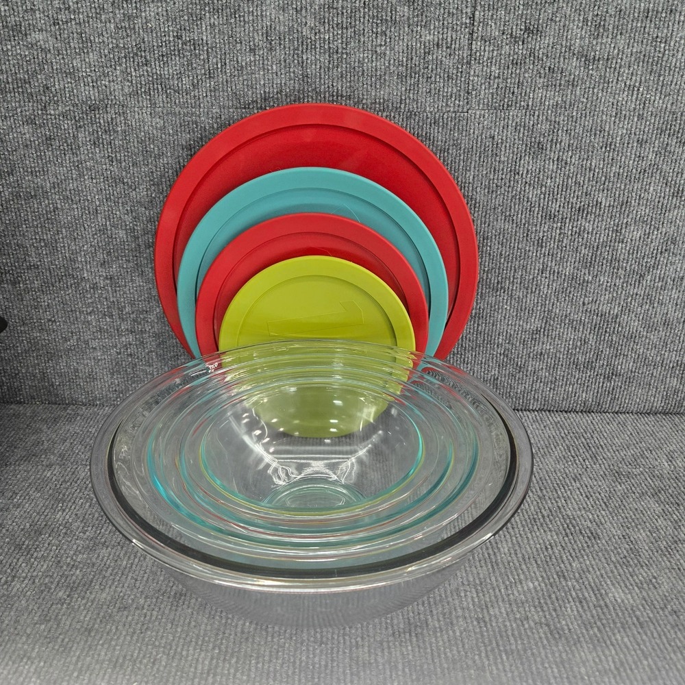 4 Pyrex Nesting Rimmed Mixing Bowls with Lids 4qt 2.5qt 1.5qt 1qt Clear‎ Glass